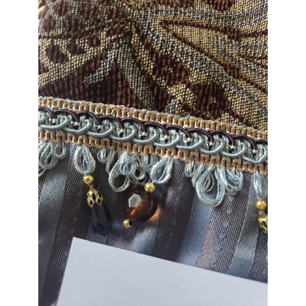 Luxury Beaded Tapestry King Shams Rope Trim Blue And Brown High End Silk Like
